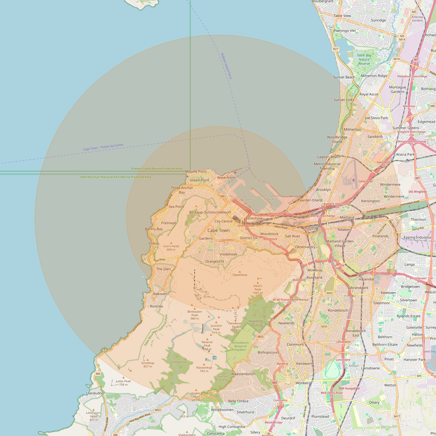 Vanilla 5km and 10km coverage radius map centered on 125 Buitengracht Street, Cape Town